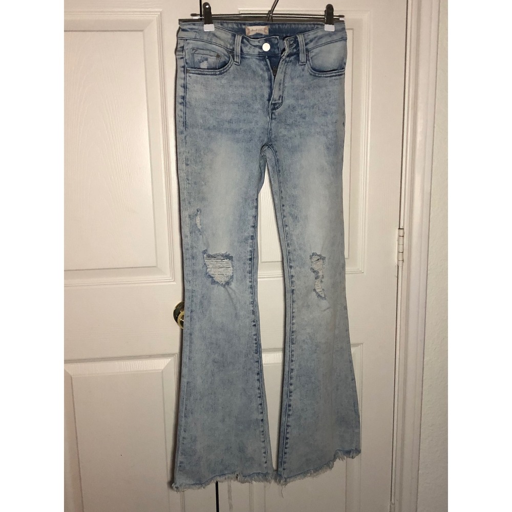 Boho Flare Jeans Acid Wash Raw Hem Festival Fairy Grunge Size 5